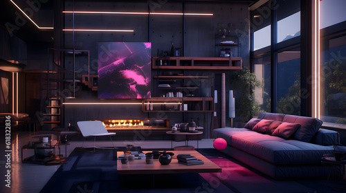 Cyberpunk Chic: A Cozy Minimalist Living Room with a Mesmerizing Fireplace, AI Generative
