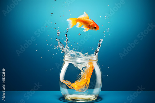Single goldfish jumping out of a round glass bowl aquarium. Generative AI