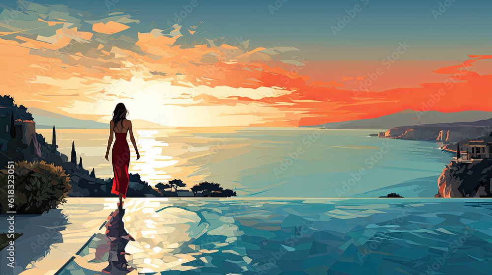 Fototapeta premium creative illustration of a young pretty woman in a bikini standing by a pool and watching the sunset. summer vacation on the beach concept. Generative AI