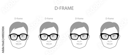 Set of D-frame frame glasses on men face character fashion accessory illustration. Sunglass front view unisex silhouette style, flat rim spectacles eyeglasses, sketch style outline isolated on white