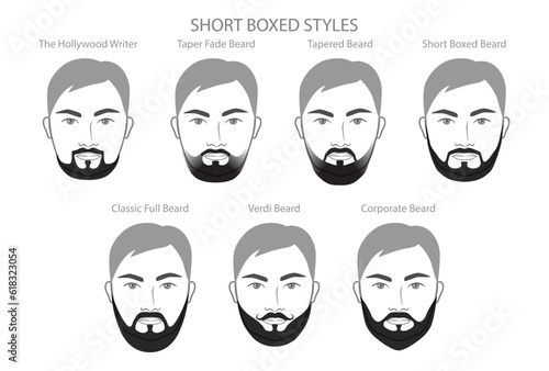 Set of Short Boxed Beard and mustache, name text style men face illustration Facial hair. Vector black grey portrait male Fashion template flat barber collection. Stylish hairstyle isolated outline