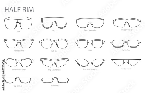 Set of Half Rim frame glasses fashion accessory illustration. Sunglass front view for Men, women, unisex silhouette style, flat rim spectacles eyeglasses, lens sketch style outline isolated on white