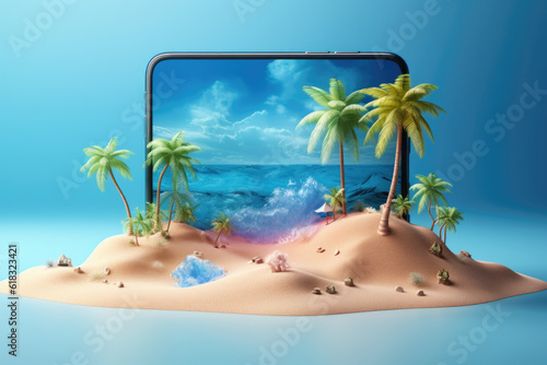 Creative 3D summer beach scene with smartphone  miniature table top scene of summer vacation  3D rendering