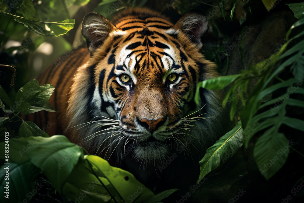 Illustration of a bengal tiger in the jungles. Generative AI.