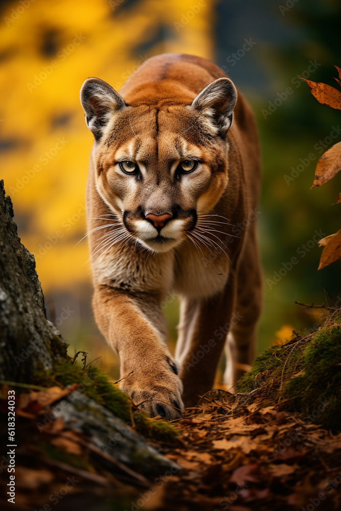 Obraz premium Illustration of a mountain lion or cougar in the forest. Generative AI.