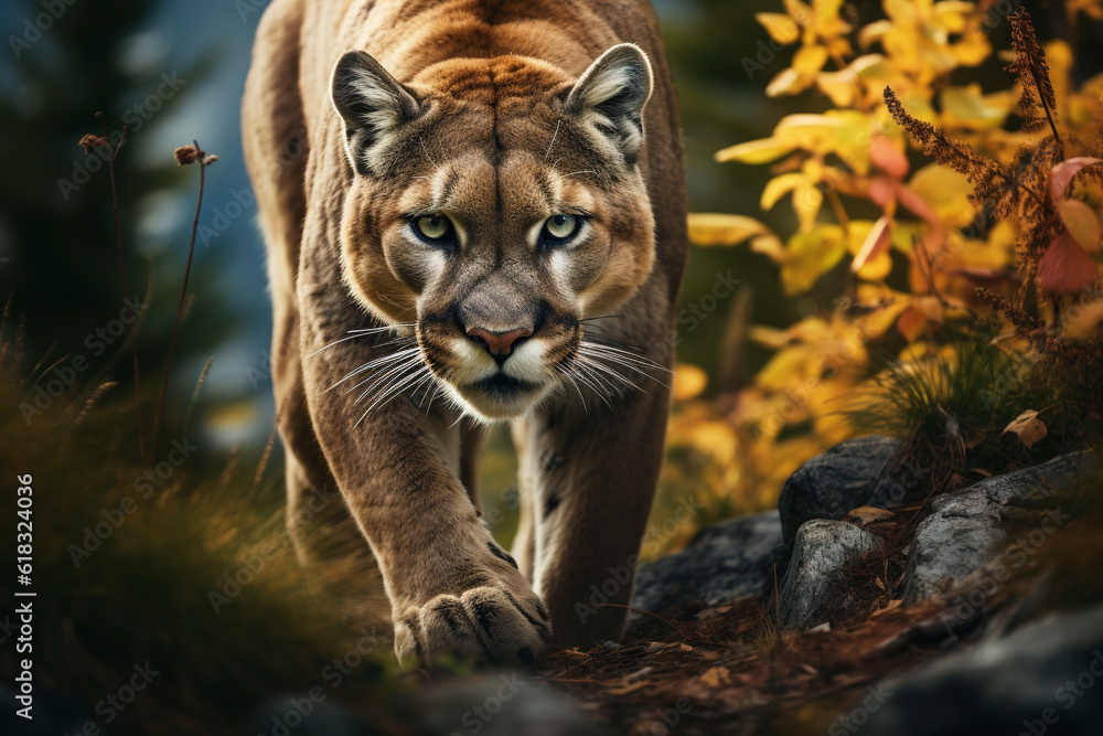 Fototapeta premium Illustration of a mountain lion or cougar in the forest. Generative AI.