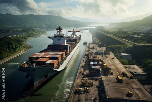 Illustration of a container ship in the Panama Canal. Generative AI. 