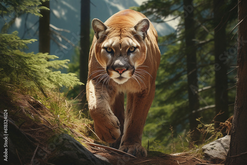 Illustration of a mountain lion or cougar in the forest. Generative AI. photo