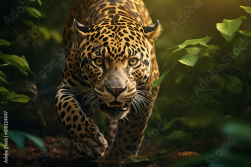 Illustration of a jaguar in the jungles of South America. Generative AI. 
