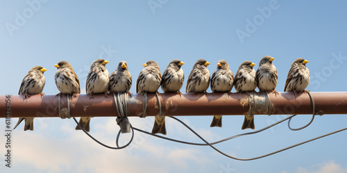 Illustration of sparrows on a wire. Generative AI. 
