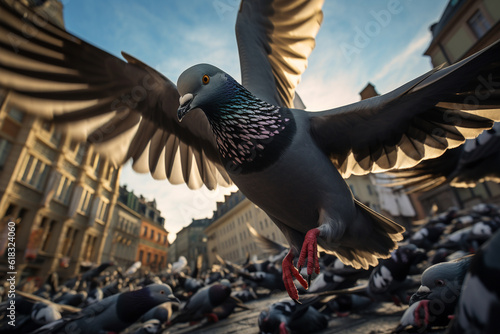 Illustration of pidgins in a town square. Generative AI. 