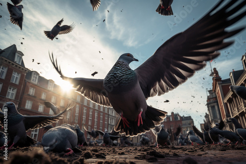 Illustration of pidgins in a town square. Generative AI. 