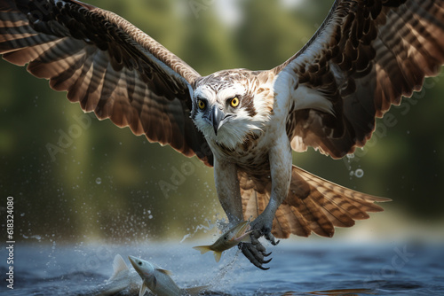 Illustration of an osprey catching a fish.   Generative AI. 