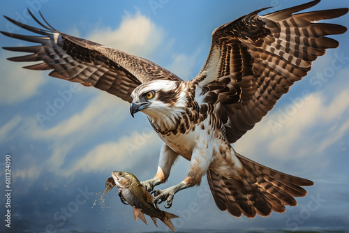 Illustration of an osprey catching a fish.   Generative AI.  photo