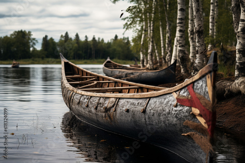 Illustration of a birch bark canoe along a river. Generative AI.