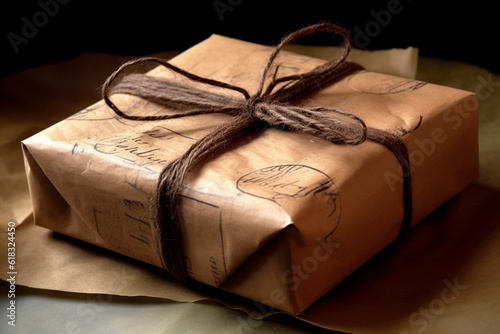 Old parcel present brown paper gift close up