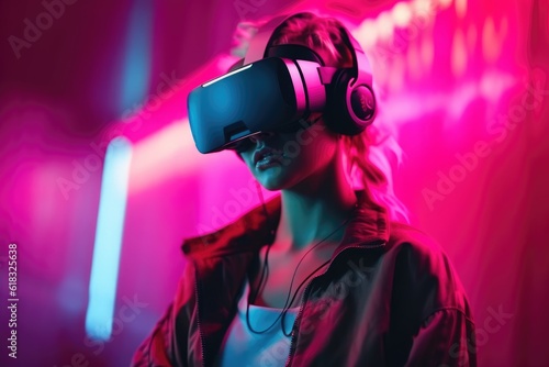 Girl in virtual reality glasses. neon light. metaverse. virtual world.