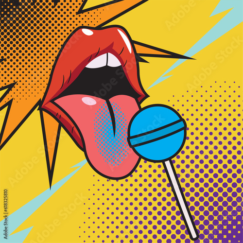 Female sexy lips with a lollipop pop art style Vector