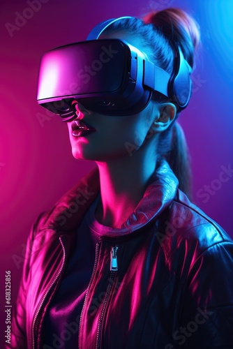 Girl in virtual reality glasses. neon light. metaverse. virtual world. © AndErsoN