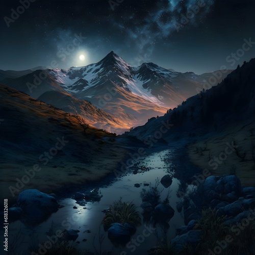 Appalachian mountains night time a valley Trending on artstation Unreal engine hyper realistic photography cinematic movie scene movie still 