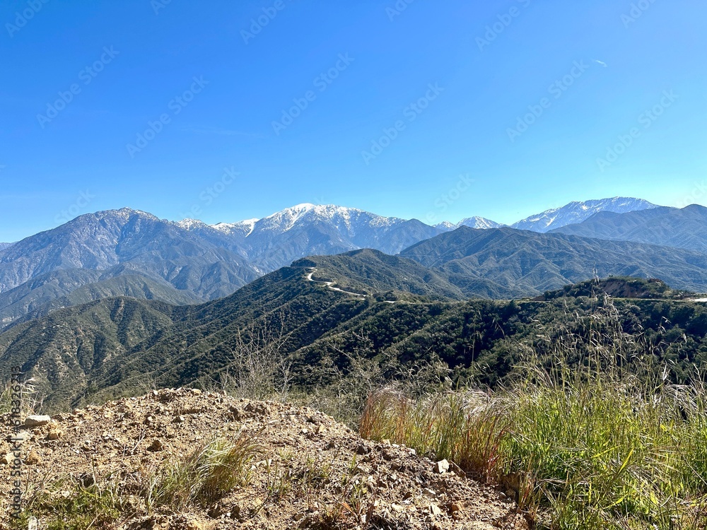 Glendora Mountian ridge road with snow on peaks Glendora Mountian ridge road with snow on peaks
