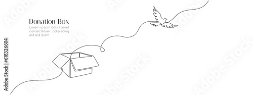 One continuous line drawing of donate box with bird dove. Minimalist peace concept of help and volunteer activity web banner in simple linear style. Editable stroke. Doodle vector illustration