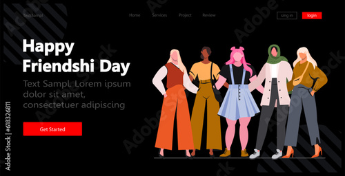 Happy friendship day. Group of young modern women enjoying friendship, support and cooperation. Modern vector concept for website development, social media, template web. Flat vector illustration. 