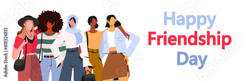 Happy friendship day. United community, people group hugging together. Best friends concept. Multicultural friendship. Good for background, banner, greeting card and social media. 