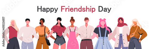 Vector banner with the group of happy young modern people hugging together.  Cute cartoon characters. Happy friendship day. 30th July. Flat vector illustration isolated on white background.