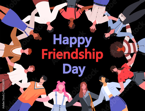  Celebrating International friendship day concept. Diverse people group in circle, hugging together. United community, people group hugging together. Flat vector illustration 