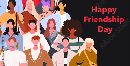 Happy friendship day greeting card. 30th July. Group of happy diverse friends. Suitable for poster, banners, flyers, brochure template for greeting card.  Flat vector illustration  ©  HourGlass