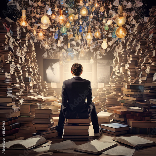 thoughtful person, looking for solutions, having ideas, books, knowledge, innovation, generate IA