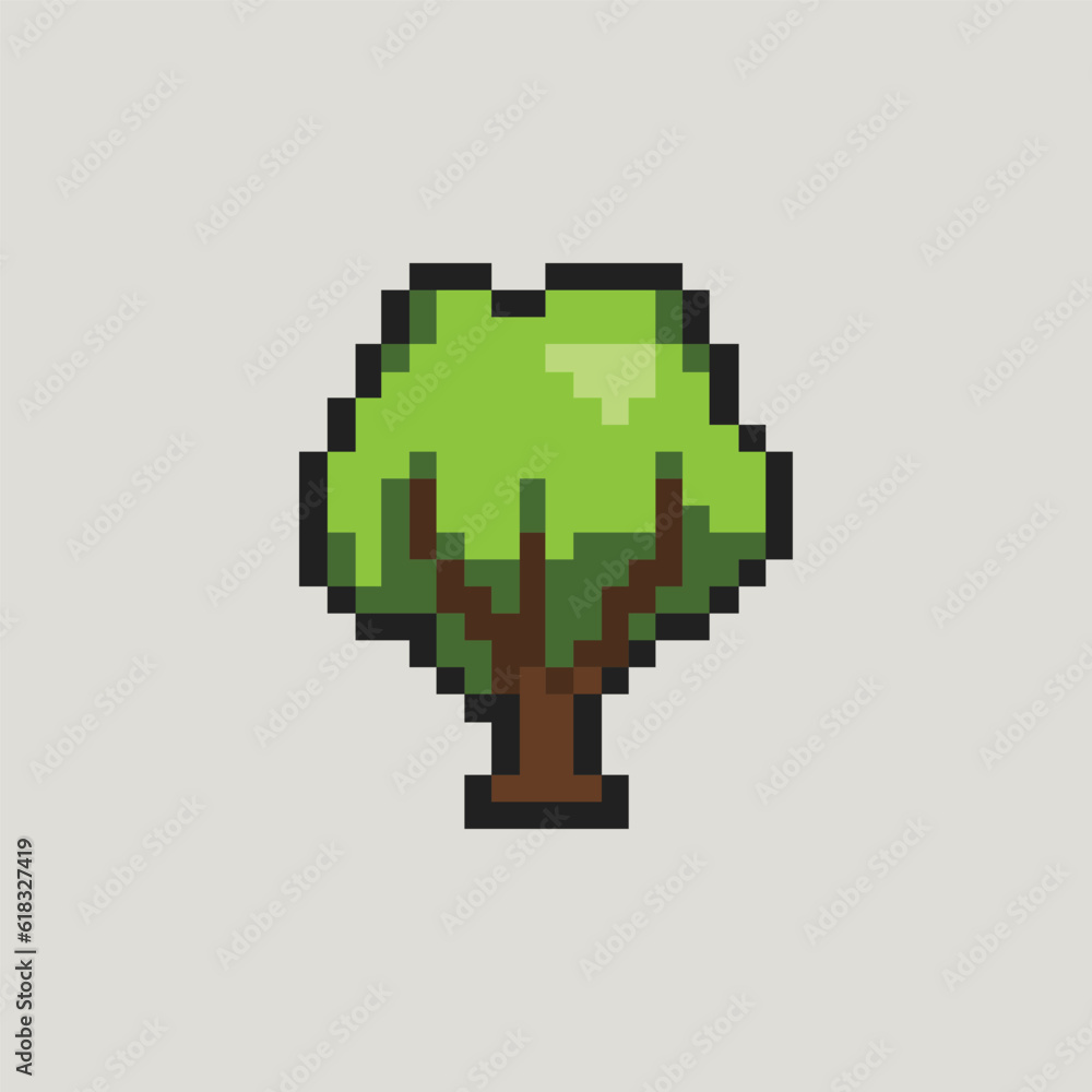 this is Tree in pixel art with simple color with gray background this item good for presentations,stickers, icons, t shirt design,game asset,logo and your project.