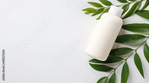 A light minimalistic illustration of cosmetology natural products on light background with green leaves