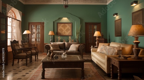 Luxury living room interior in classic, colonial style. green walls. created with Generative AI