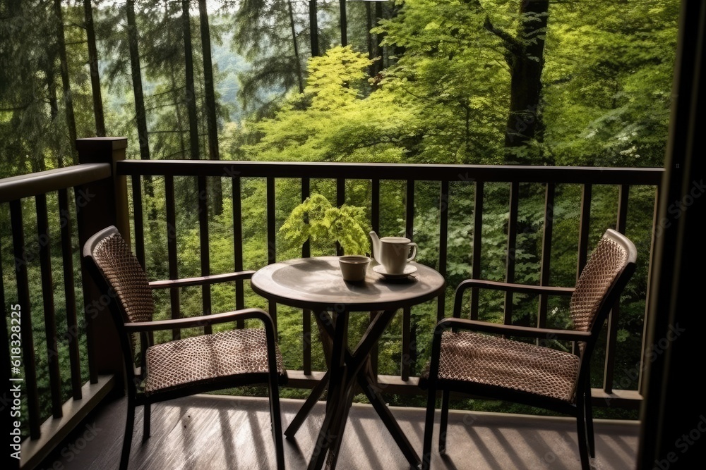 photo of hotel balcony with forest view Photography AI Generated