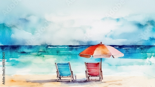 Watercolor Beach Banner. Summer Vacation Design, Tropical Island Landscape Art, White Sand, Two Chairs and Umbrella, Blue Sea, Calm Clouds, Sky, Birds - Artistic Paint Texture on Sunny Coastline Wave