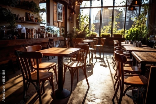photo of inside empty coffee shop Photography AI Generated © NikahGeh