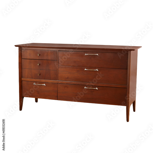 Vintage low dresser. Classic Mid-Century Modern warm walnut furniture. No background png. 