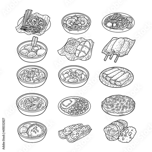 Set of thai food hand drawn outline sketch illustration