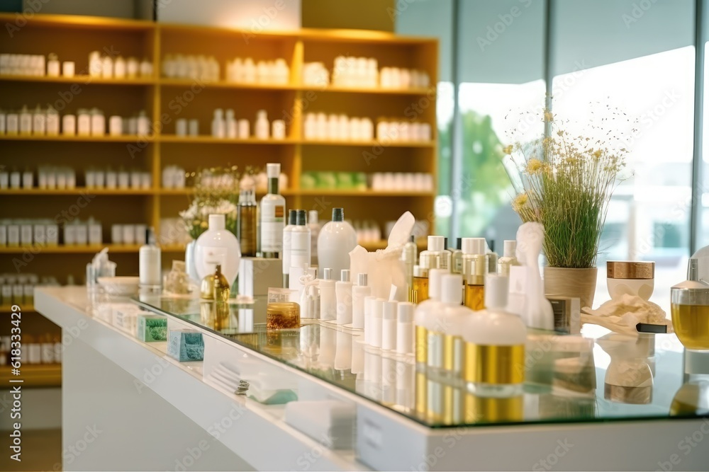 © NikahGeh - photo of inside empty skincare shop Photography AI Generated