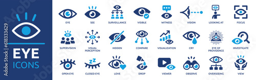 Eye icon set. Containing eyes, see, visible, surveillance, view, vision, witness, looking at, supervision and focus icons. Solid icon collection. Vector illustration. photo