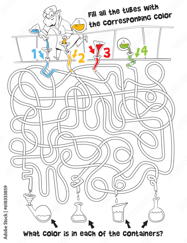 Scientist in lab is pouring colorful solution into tubes. Children logic game to pass maze. Educational game for kids. Attention task. Choose right path. Coloring book. Worksheet page