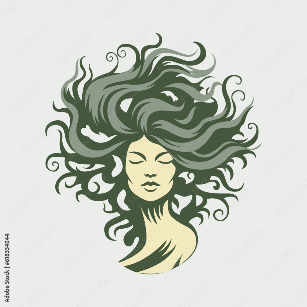 Woman in shape of oak tree with waving hair. Abstract beauty industry vector logo design. Unique illustration.