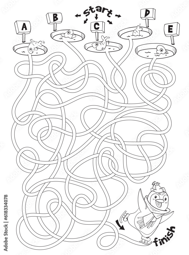 Children logic game to pass the maze. Penguin skates on ice. Educational game for kids. Attention task. Choose right path. Funny cartoon character. Coloring book. Worksheet page Children logic game to pass the maze. Penguin skates on ice. Educational game for kids. Attention task. Choose right path. Funny cartoon character. Coloring book. Worksheet page