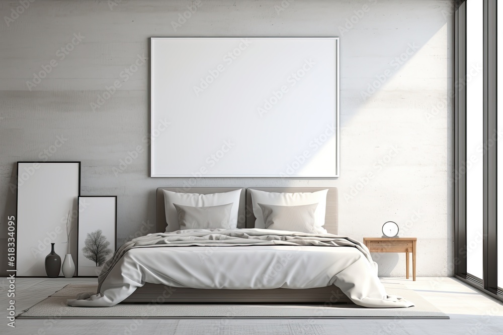 Mock up for poster, artwork frame in minimalist bedroom interior background, cement wall Mock up for poster, artwork frame in minimalist bedroom interior background, cement wall