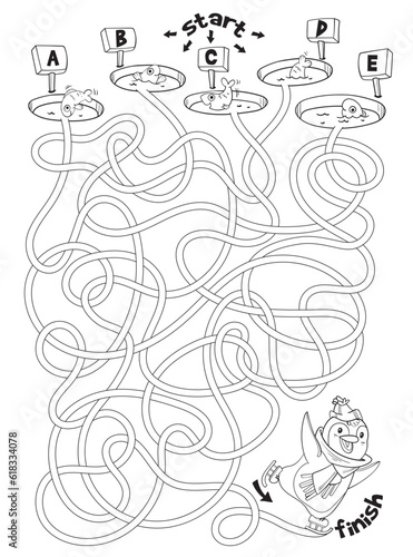Children logic game to pass the maze. Penguin skates on ice. Educational game for kids. Attention task. Choose right path. Funny cartoon character. Coloring book. Worksheet page