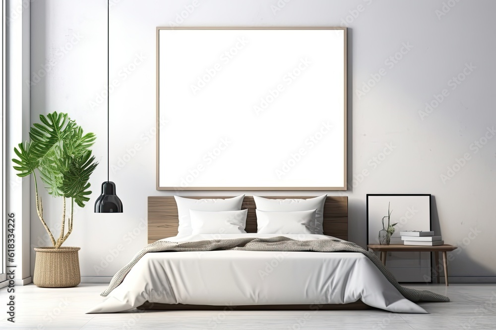 Mock up for poster, artwork frame in minimalist bedroom interior background, cement wall Mock up for poster, artwork frame in minimalist bedroom interior background, cement wall