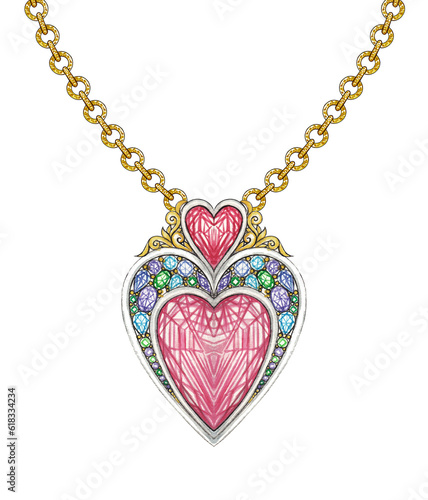 Jewelry design fancy mix vintage heart pendant hand drawing and painting on paper.