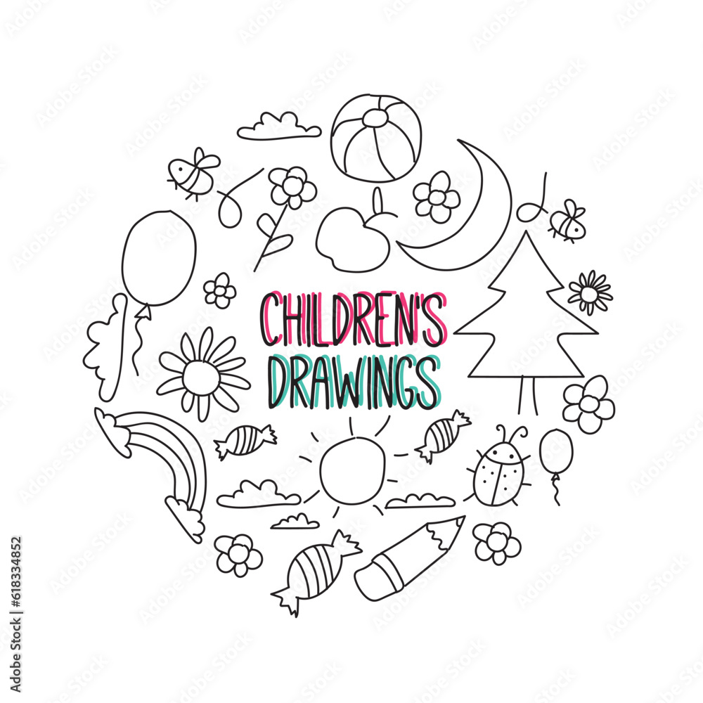 Paper with set of colored kid sketches and doodles Vector